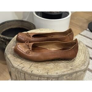 CYDWOQ Cognac Brown Leather Ballet Flat Shoes Square Toe Bow 38 8 Handmade